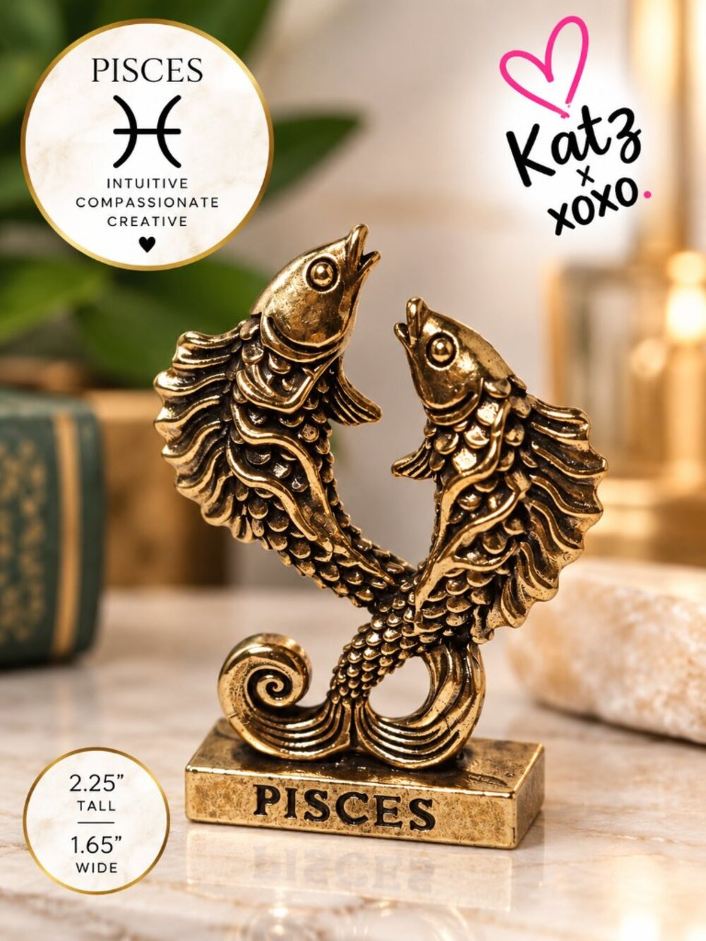 Pisces Zodiac Brass Statue Two Fish Figurine Astrology Desk Decor Collectible